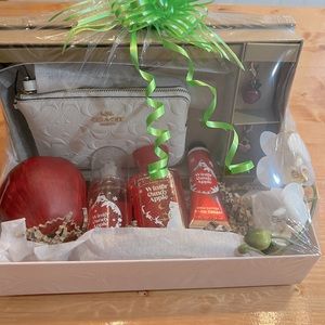 COACH wristlet and bath body set BASKET BUNDLE w/purse keychains! Authentic.